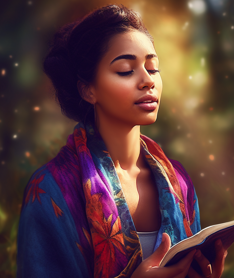 A woman in nature with eyes closed holding a Bible experiencing the power of Biblical Meditation.