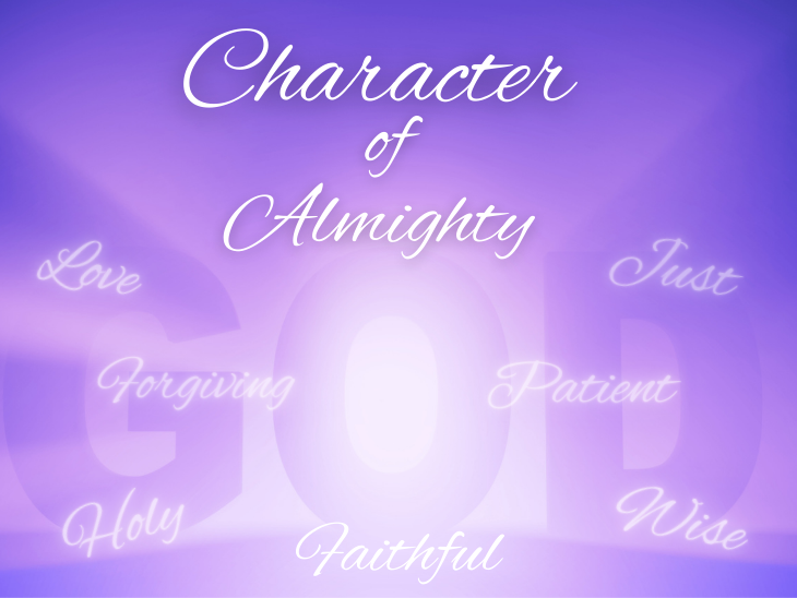 A purple image of the word "God" with words exhibiting His true character and nature.