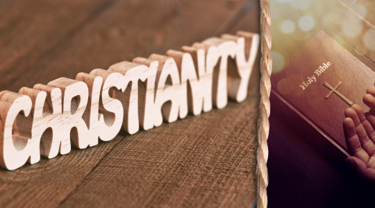 An image of the word Christianity and a Holy Bible to represent the Christian faith.