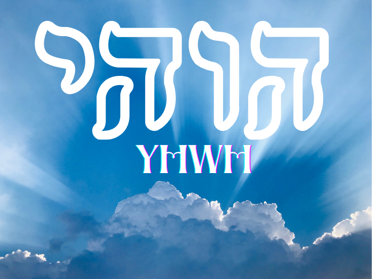 The Heavenly name of God YHWH written in Hebrew across a blue sky with clouds.